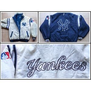 New York Yankees 90s PRO PLAYER puffer REVERSIBLE jacket M navy white MLB vtg